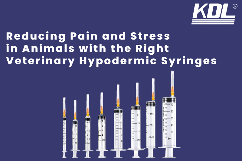 Reducing Pain and Stress in Animals with the Right Veterinary Hypodermic Syringes An array of veterinary hypodermic syringes of varying sizes displayed against a dark blue background, with text promoting their use in reducing pain and stress in animals.